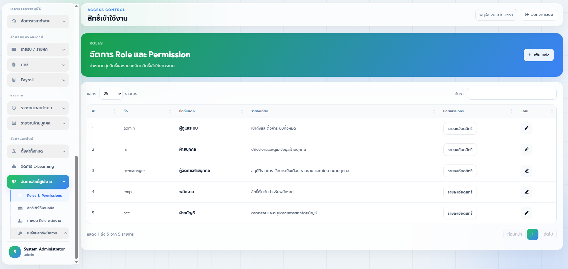 ตัวอย่างหน้าจอจัดการ Role และ Permission